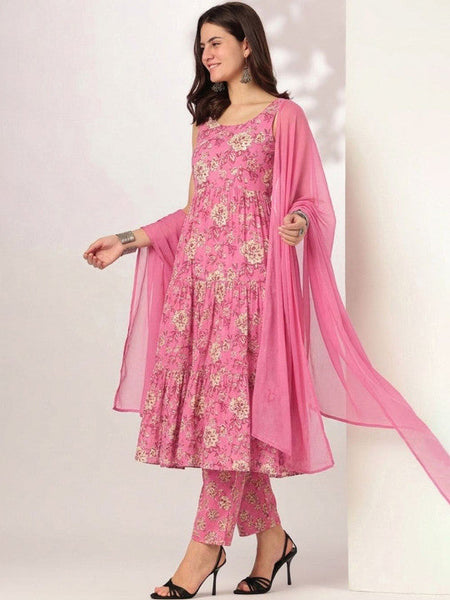 Women Floral Printed Tiered Pure Cotton Kurta with Trousers & With Dupatta VitansEthnics