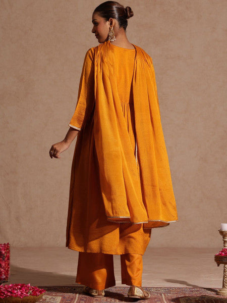 Mustard Silk Blend Zari Yoke Embroidered A-line Kurta Set VitansEthnics