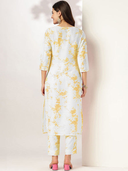 Women's Yellow Silk Blend Tie & Dye Yoke Embroidered Straight Kurta Pant Set VitansEthnics