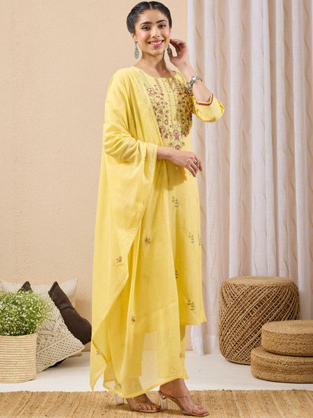 Women Yellow Floral Regular Gotta Patti Kurta with Trousers VitansEthnics