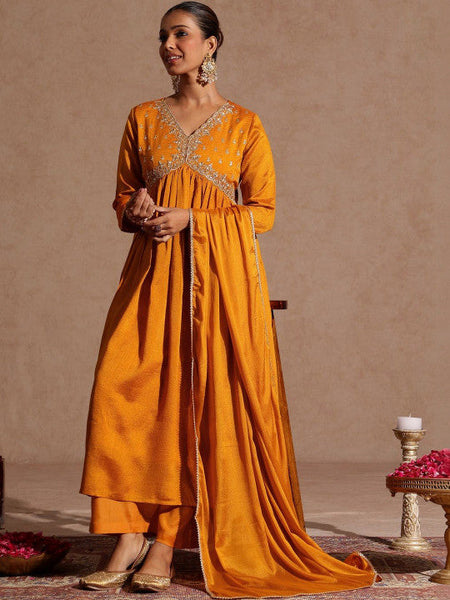 Mustard Silk Blend Zari Yoke Embroidered A-line Kurta Set VitansEthnics