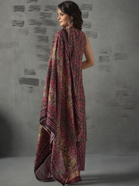 Women Magenta Floral Printed Halter Neck Straight Kurta with Trousers & Dupatta Set VitansEthnics