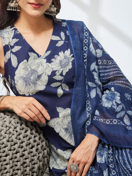 Women Floral Printed Regular Pure Cotton Kurta with Trousers & With Dupatta VitansEthnics