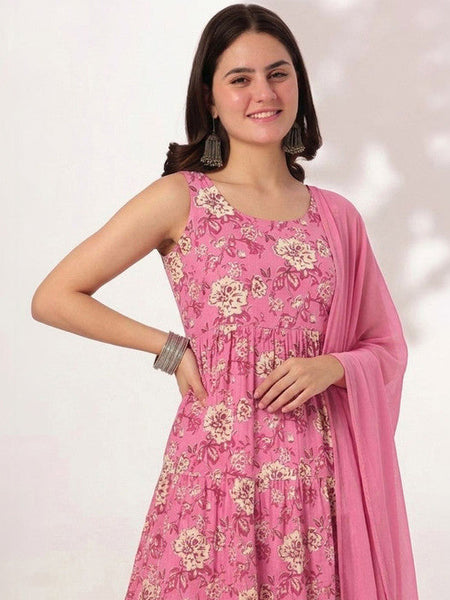 Women Floral Printed Tiered Pure Cotton Kurta with Trousers & With Dupatta VitansEthnics