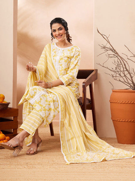 Women Yellow Pure Cotton Floral Printed Straight Kurta Set VitansEthnics