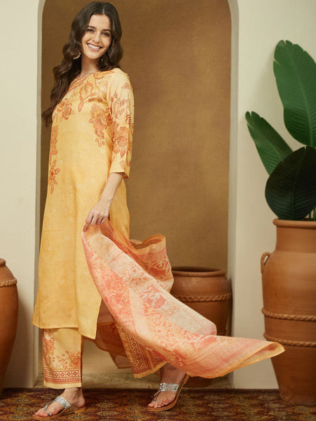 Women Yellow Cotton Blend Floral Printed Straight Kurta Set VitansEthnics
