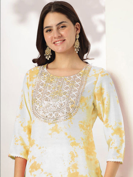 Women's Yellow Silk Blend Tie & Dye Yoke Embroidered Straight Kurta Pant Set VitansEthnics