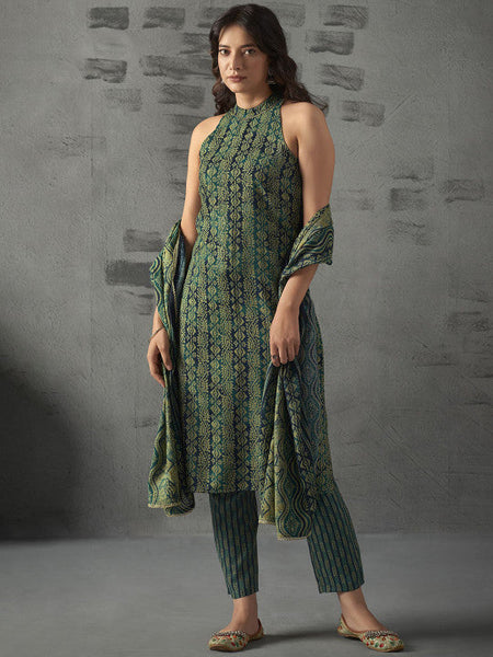 Women Floral Printed Halter Neck Straight Kurta with Trousers & Dupatta Set VitansEthnics