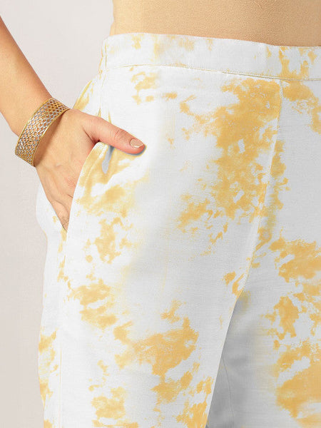 Women's Yellow Silk Blend Tie & Dye Yoke Embroidered Straight Kurta Pant Set VitansEthnics