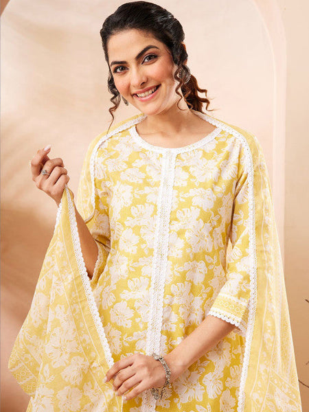 Women Yellow Pure Cotton Floral Printed Straight Kurta Set VitansEthnics