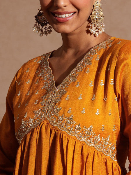 Mustard Silk Blend Zari Yoke Embroidered A-line Kurta Set VitansEthnics