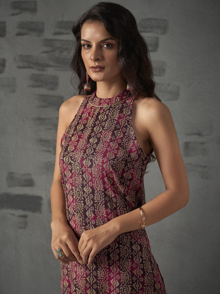 Women Magenta Floral Printed Halter Neck Straight Kurta with Trousers & Dupatta Set VitansEthnics