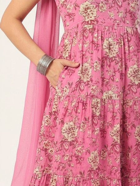 Women Floral Printed Tiered Pure Cotton Kurta with Trousers & With Dupatta VitansEthnics