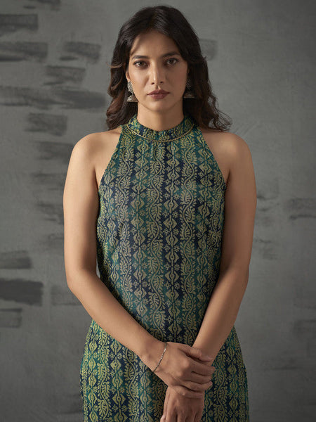 Women Floral Printed Halter Neck Straight Kurta with Trousers & Dupatta Set VitansEthnics