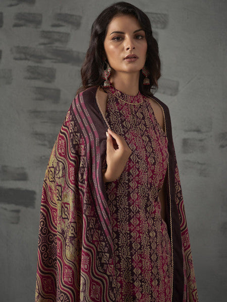 Women Magenta Floral Printed Halter Neck Straight Kurta with Trousers & Dupatta Set VitansEthnics