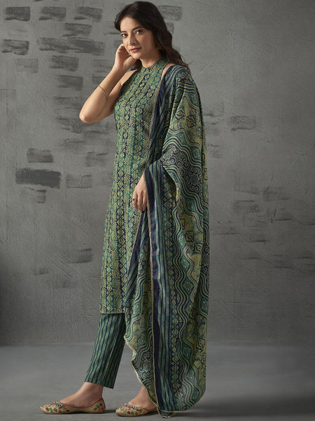 Women Floral Printed Halter Neck Straight Kurta with Trousers & Dupatta Set VitansEthnics