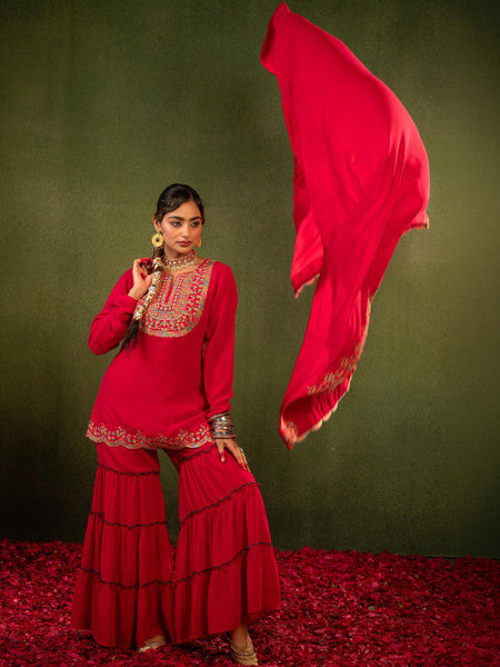 Women Embroidered Thread Work Kurta with Sharara & Dupatta Set VitansEthnics