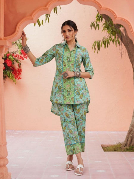 Women Printed Pure Cotton Shirt Collar Top With Trouser Set VitansEthnics