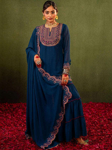 Women Ethnic Motifs Embroidered Kurta with Sharara & Dupatta Set VitansEthnics