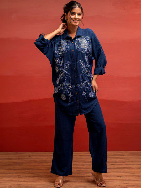 Women Embroidered Shirt Collar Shirt & Trousers Co-Ords Set VitansEthnics