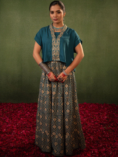 Women Teal Embroidered Top with Skirt Co-ords Set VitansEthnics
