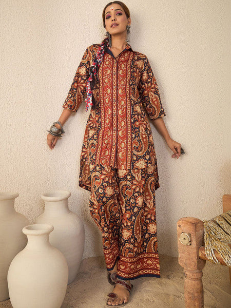 Women Rust Paisley Print Hi-low Coord Set VitansEthnics