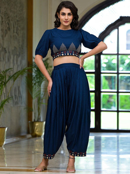 Women Geometric Thread Embroidered Top With Dhoti Pants Co-ords Set VitansEthnics