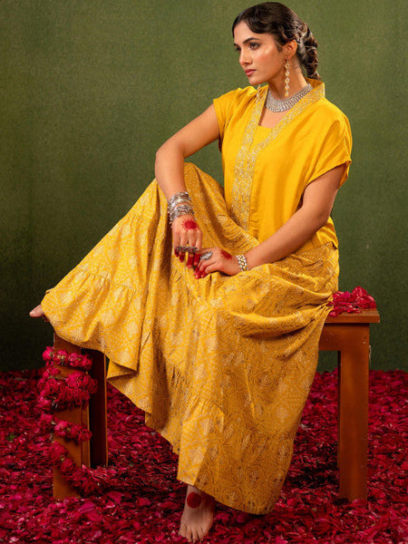 Women Yellow Embroidered Top with Skirt Co-ords Set VitansEthnics