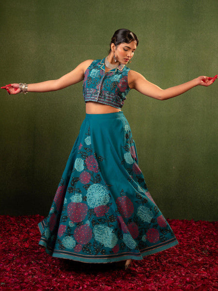 Women Teal Printed Top with Skirt Co-ords Set VitansEthnics