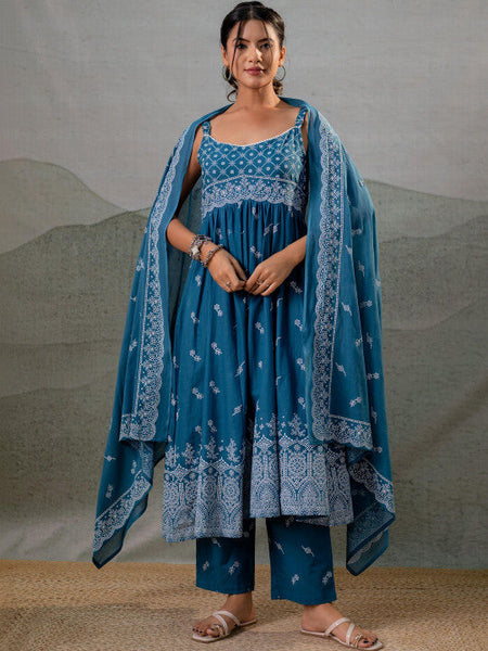 Women Ethnic Motifs Embroidered Empire Thread Work Pure Cotton Kurta with Trousers & With Dupatta VitansEthnics