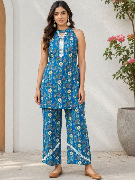 Women Floral Printed Regular Thread Work Pure Cotton Kurti with Palazzos VitansEthnics