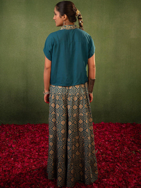Women Teal Embroidered Top with Skirt Co-ords Set VitansEthnics