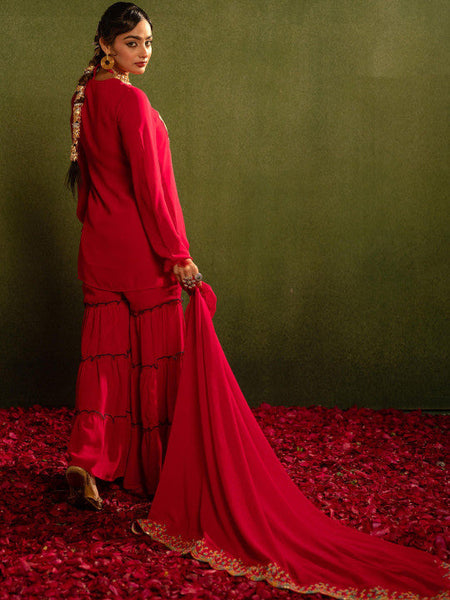 Women Embroidered Thread Work Kurta with Sharara & Dupatta Set VitansEthnics