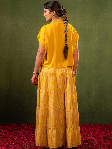 Women Yellow Embroidered Top with Skirt Co-ords Set VitansEthnics