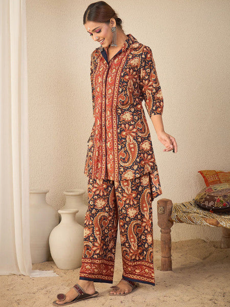 Women Rust Paisley Print Hi-low Coord Set VitansEthnics