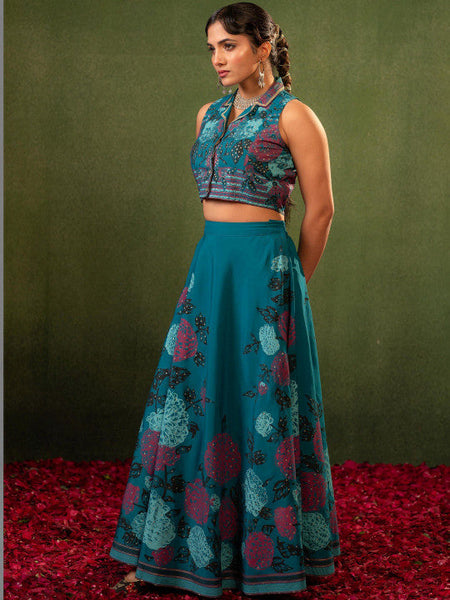 Women Teal Printed Top with Skirt Co-ords Set VitansEthnics