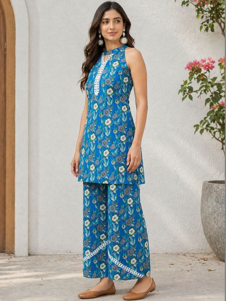 Women Floral Printed Regular Thread Work Pure Cotton Kurti with Palazzos VitansEthnics