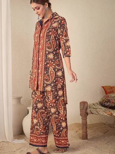 Women Rust Paisley Print Hi-low Coord Set VitansEthnics