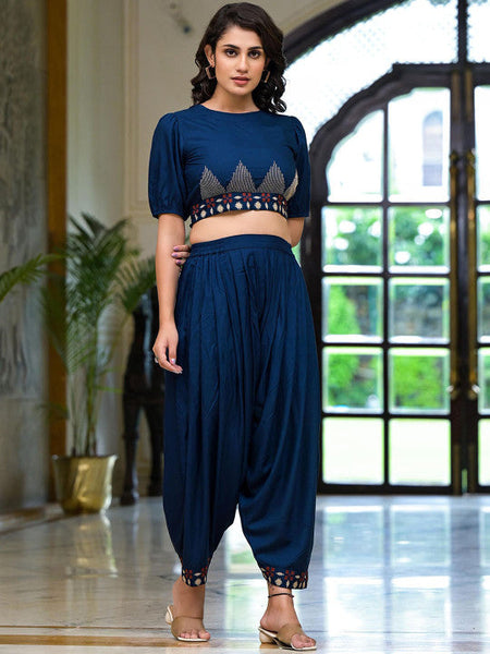 Women Geometric Thread Embroidered Top With Dhoti Pants Co-ords Set VitansEthnics
