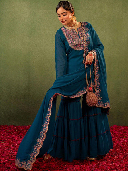 Women Ethnic Motifs Embroidered Kurta with Sharara & Dupatta Set VitansEthnics