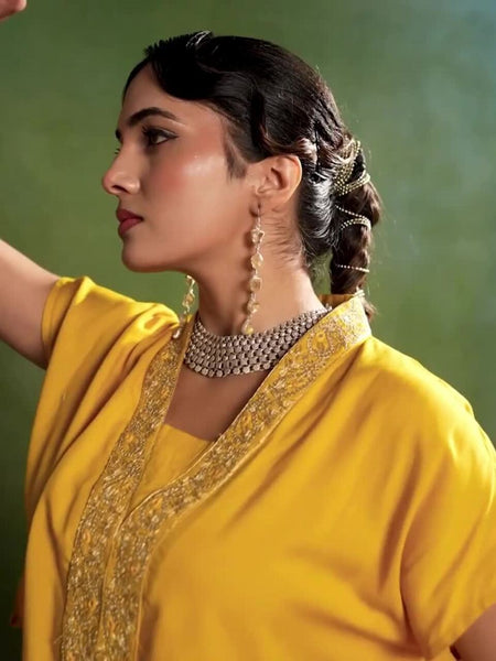 Women Yellow Embroidered Top with Skirt Co-ords Set VitansEthnics
