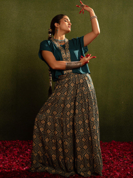 Women Teal Embroidered Top with Skirt Co-ords Set VitansEthnics
