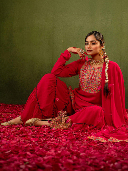 Women Embroidered Thread Work Kurta with Sharara & Dupatta Set VitansEthnics