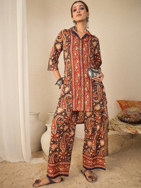 Women Rust Paisley Print Hi-low Coord Set VitansEthnics