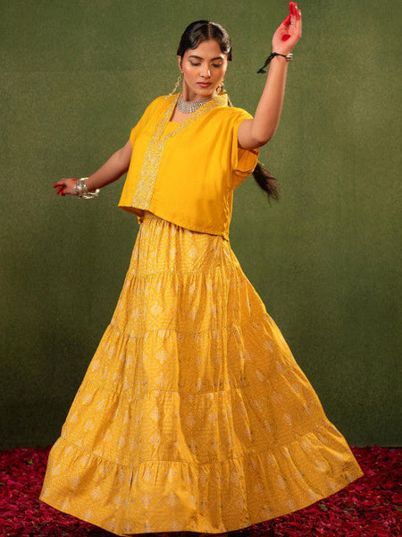 Women Yellow Embroidered Top with Skirt Co-ords Set VitansEthnics