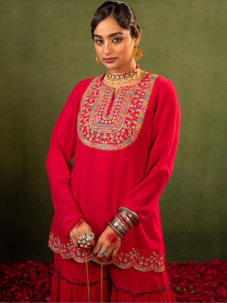 Women Embroidered Thread Work Kurta with Sharara & Dupatta Set VitansEthnics