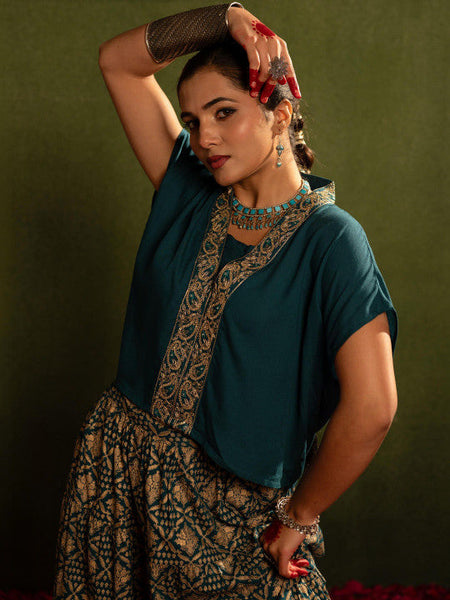 Women Teal Embroidered Top with Skirt Co-ords Set VitansEthnics