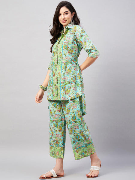 Women Printed Pure Cotton Shirt Collar Top With Trouser Set VitansEthnics
