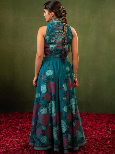 Women Teal Printed Top with Skirt Co-ords Set VitansEthnics
