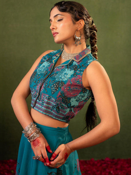 Women Teal Printed Top with Skirt Co-ords Set VitansEthnics